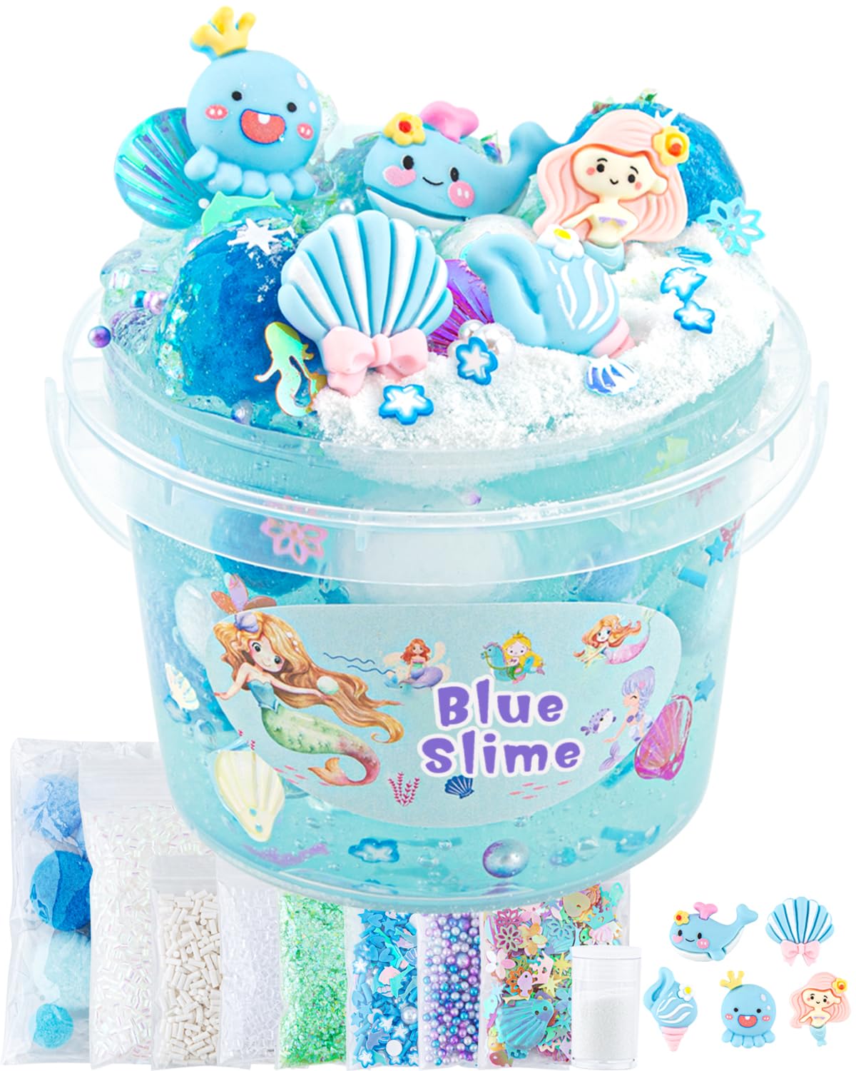 Photo 1 of 10 FL OZ Mermaid Clear Slime Kit, Blue Slime Bucket, Slimes Party Favors for Kids, Glimmer Crunchy Slimes Includes 9 Packs of Add-ins, Sensory Experience DIY Toys for Girls and Boys Ages 8-12