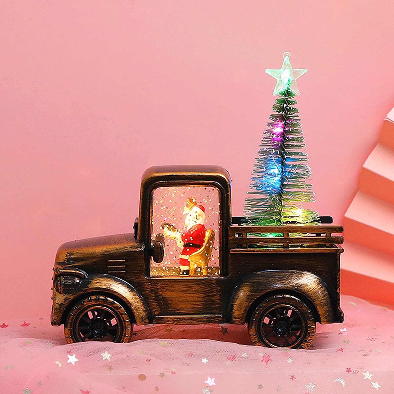 RTWAY Santa Claus Driving Tractor Ornaments,Christmas Snow Globe Lantern with Christmas Tree, Vintage Santa Driving Christmas Tree Truck Lighted Snow Globe Lantern LED & Christmas Tree