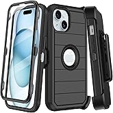 for iPhone 15 Case with Belt Clip Holster,Built-in Screen Protector,Heavy Duty Shockproof Drop Protection Military Grade 3 Layers Rugged Durable Phone Cover with Kickstand for Apple 15 6.1“ (Black)