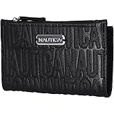 Nautica High Tide Small Wallet for Women, RFID Blocking Slim Credit Card Holder with Zipper Coin Pocket, Bifold Compact Wallet with ID Window, Black Printed