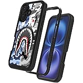 GUGU6JI Street Fashion Cool Camo Blue Gray Shark Design Compatible with iPhone 16 Case for Boys Man Luxury Shockproof Rugged Cover Dual Layer Soft TPU + Hard PC Bumper Full-Body Protective Case