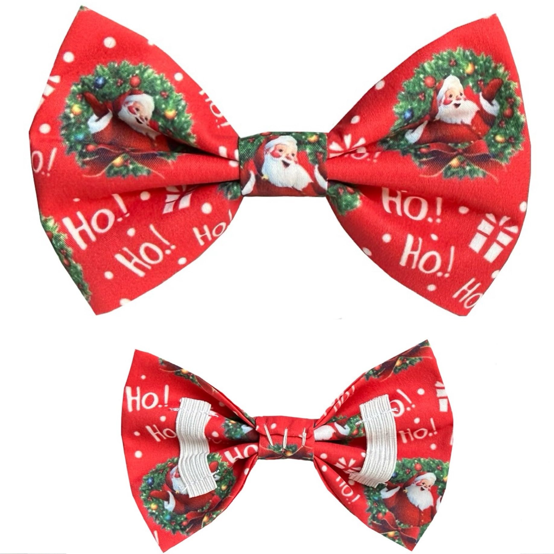 New Dogs Bow Tie Bowtie Christmas SANTA Wreath HO HO! RED Elastic Band attach COLLAR ACCESSORY Handmade UK (Santa Wreath Lage)