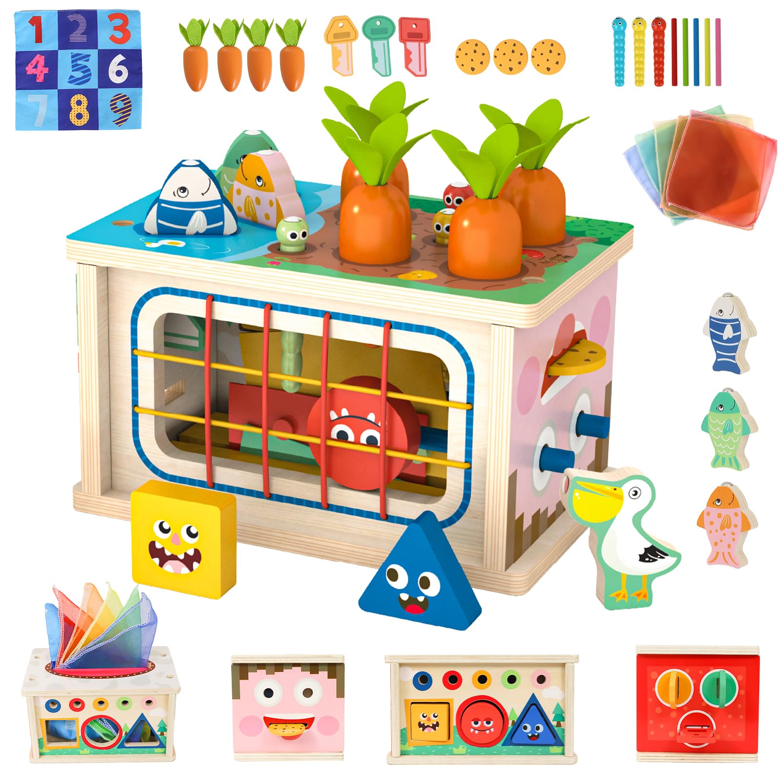 LZDMY Baby Sensory Wooden Tissue Box Toys for 1 Year Old, Toddlers Montessori Toys Educational Sorting Toy Shape Sorter, 1st Birthday Gifts for Boys Girls