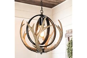 Debemenes Antler Chandelier, Rustic Farmhouse Chandelier with Resin 4 Antlers and Retro Metal Globe Chandelier Vintage Style 