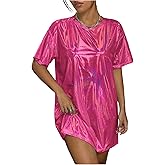 Floerns Women's Metallic Short Sleeve Tee Shirt Dress Holographic Disco Dress