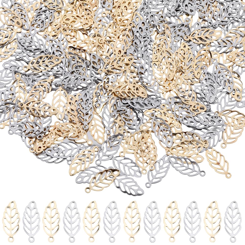 SUNNYCLUE 1 Box 300Pcs 2 Colors Stainless Steel Leaf Charm Small Tree Leaf Charms Bulk Silver Hollow Metal Leaves Mini Fall Charm for Jewellery Making Charms Supplies DIY Necklace Bracelet Earring