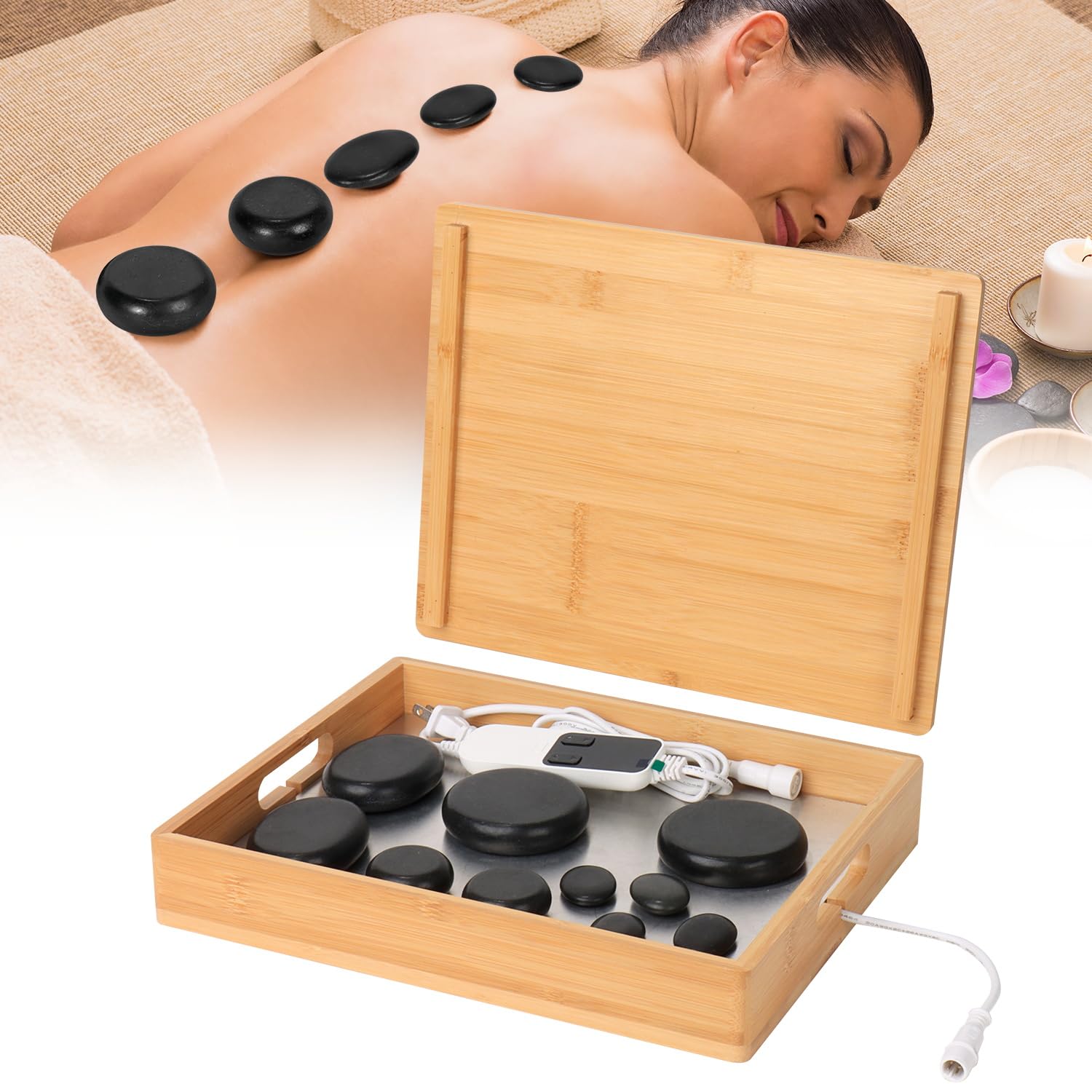 Photo 1 of OnVisit Hot Stone Massage Set with Warmer Kit,10 PCS Rocks Stones with Bamboo Heater Box,Massage Warmer Kit with Temperature Control and Timming Setting,Massage Stone Heater for Spa & Home Use