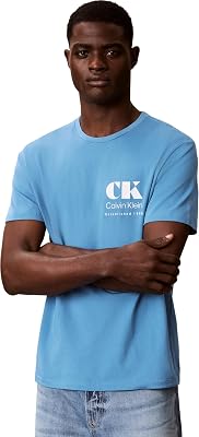 Uomo T-Shirt Maniche Corte CK Resort Graphic con Scollo Rotondo, Blu (Blue Steam), S