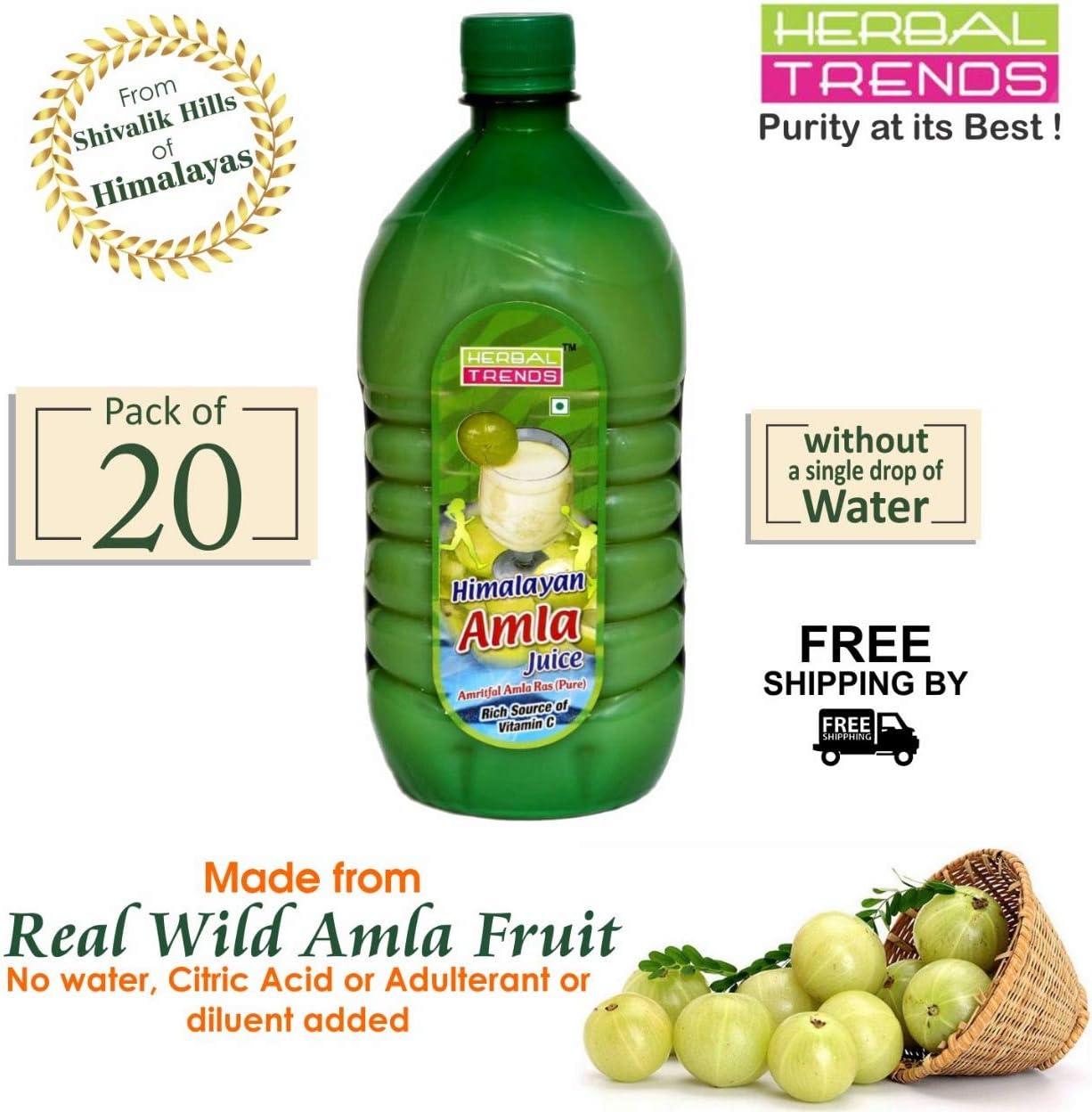 Herbal Trends Himalayan Amla Juice -Amritfal Amla Ras -Pure 1 Ltr.(Pack of 20)