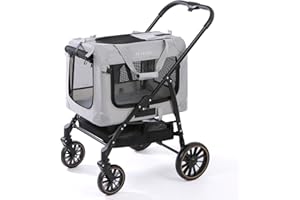 Petseek Large Cat Stroller Soft Sided, Portable Small Dog Carrier for 2 Cats, 24"x16.5"x16" Car Travel Folding Without Curtain(Grey-Black)