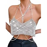 BODIY Women Sparkly Rhinestone Halter Crop Top Silver Body Chain Tops Disco Club Bikini Bra Tank Top