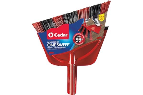 O-Cedar PowerCorner One Sweep Broom with Step-On Dustpan and 3-Piece Handle, Red (Pack of 1)