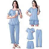 SUNNYBUY 3Pcs Ruffle Trim Postpartum Nursing Pajamas Set with Bowknot, Maternity Breastfeeding PJS Pregnancy Sleepwear