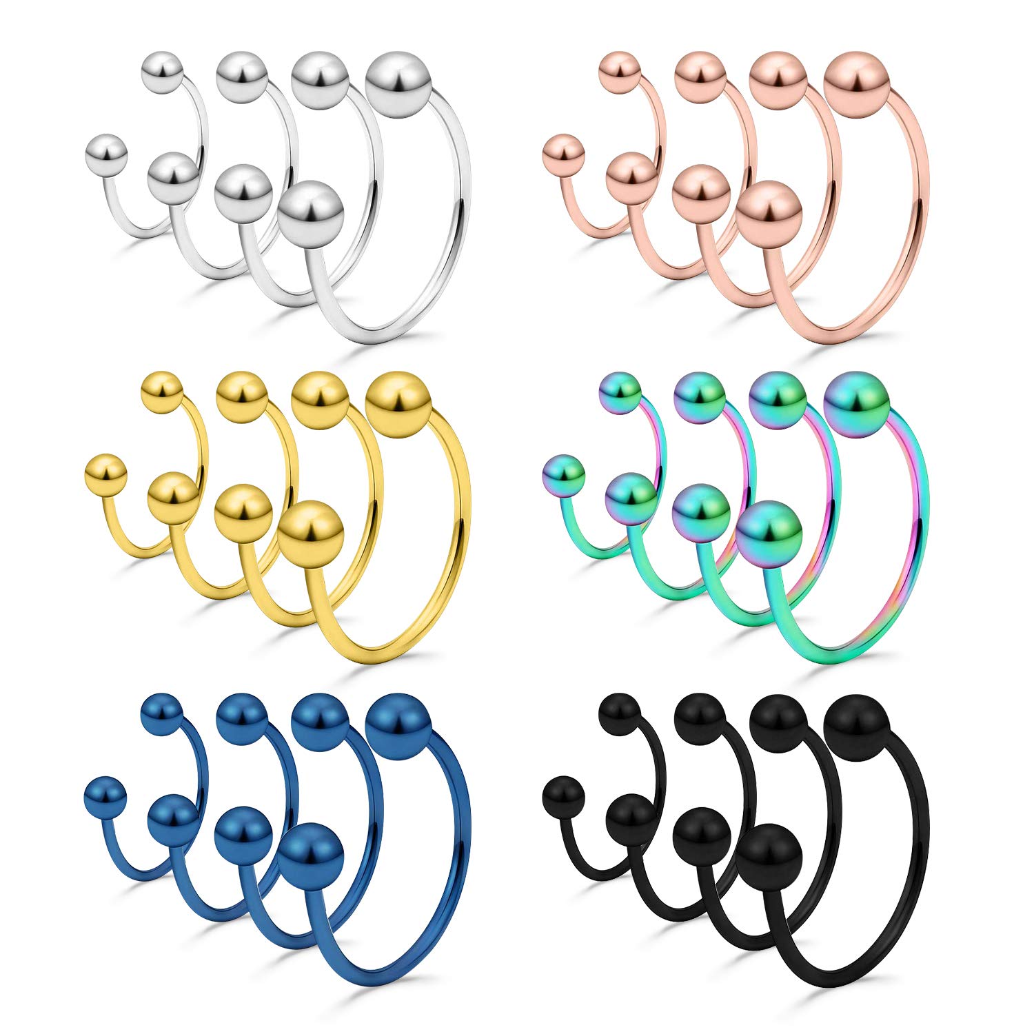 incaton 16 Gauge Helix Earrings 24PCS Cartilage Tragus Lip Septum Piercings Surgical Steel Body Piercing Jewelry Inner Dia 6mm, 8mm, 10mm, 12mm