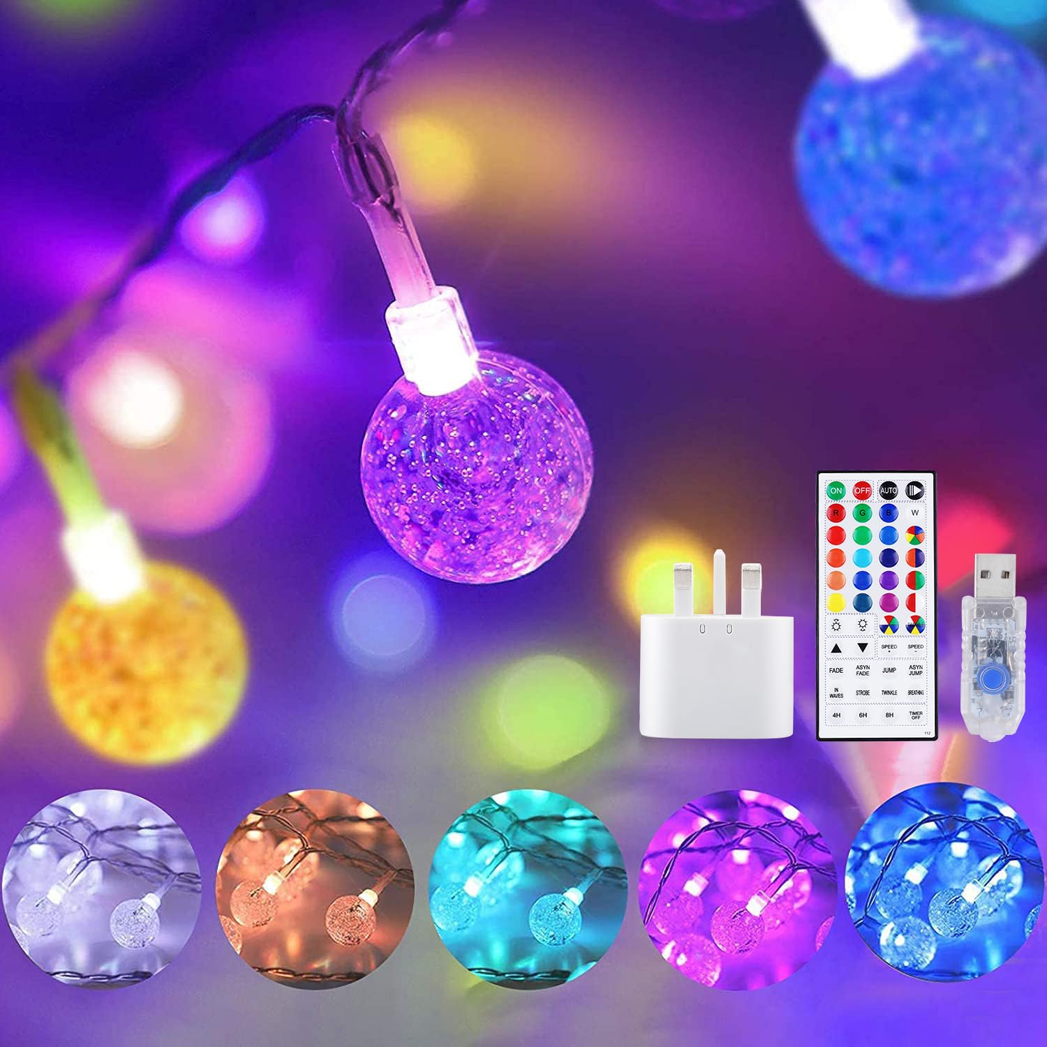 StarryEver 24 Color Changing String Light USB Plug, 5M 50LEDs Crystal Globe Fairy Lights with Remote Timer, Christmas String Lights for Girl Gift, Indoor Outdoor Garden, Bedroom, Patio Decor