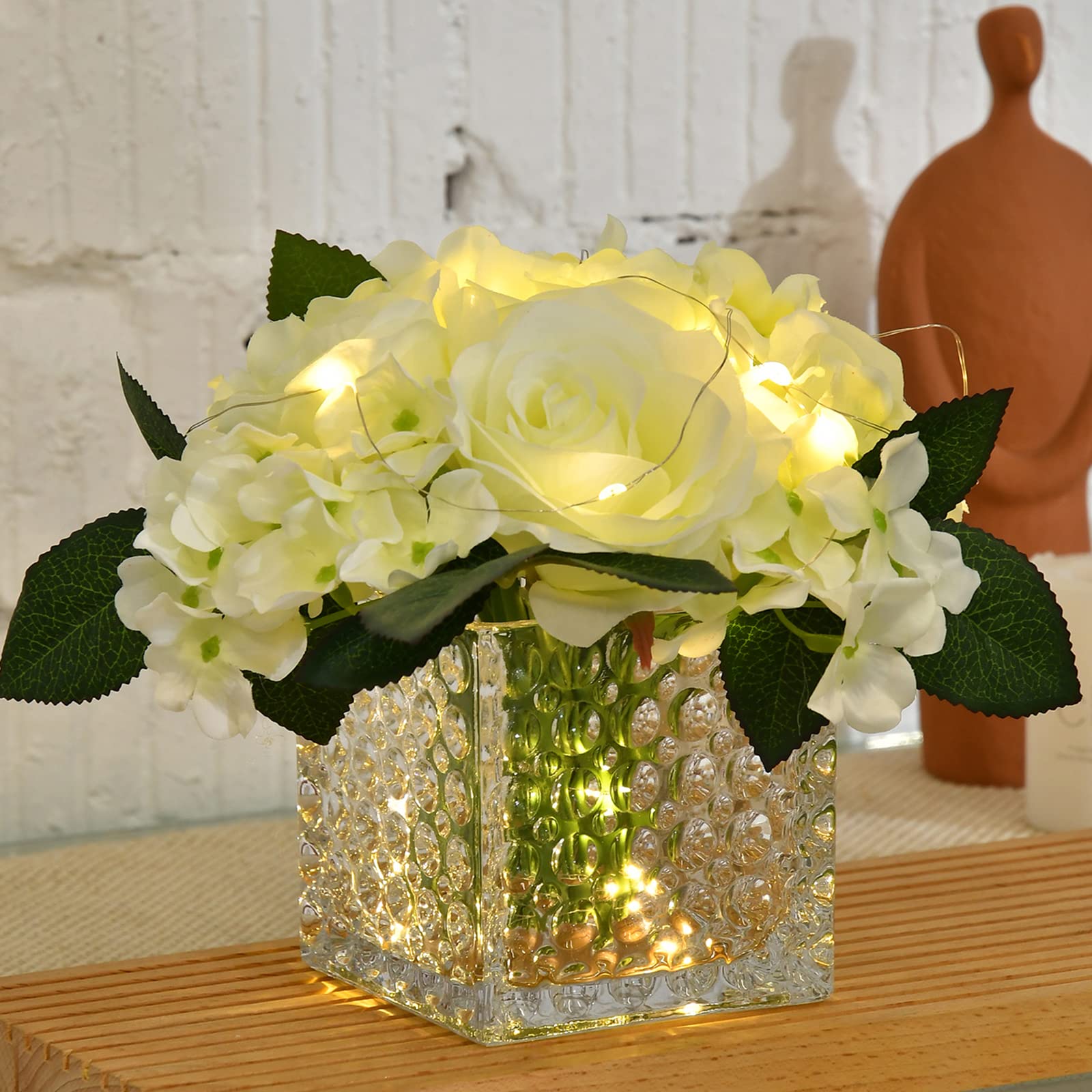 Photo 1 of Fule Artificial Silk Rose Flower Centerpiece Arrangement in Glass Vase with LED Light for Home Wedding Decoration (Spring White)