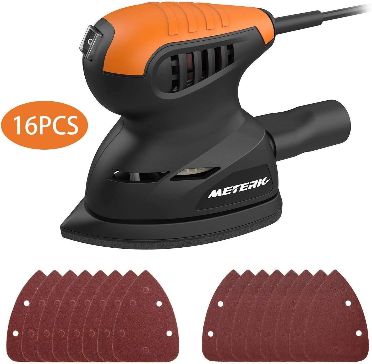 Mouse Detail Sander, Meterk 13500RPM Sander Wall Putty Polishing Machines Sander with 16PCS Sandpapers Dust Collection Port for Tight Spaces Sanding in Home Decoration and DIY Working - - 
