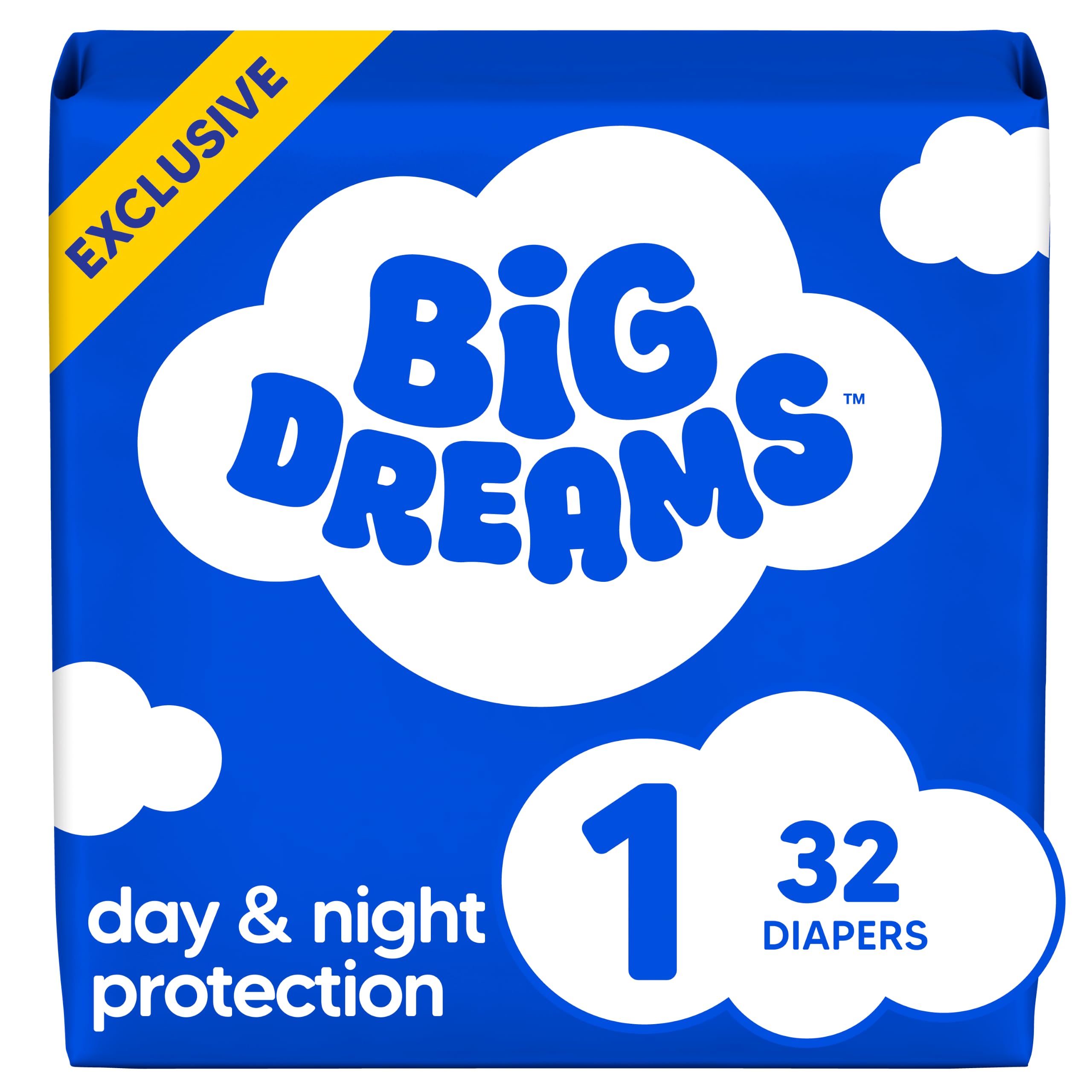 Big Dreams Baby Diapers, Size 1 (8-14 lbs), 32 Count | Ultra-Comfy Dreamy Feel, Wonder Dry Liner, Blowout Blocker Protection,