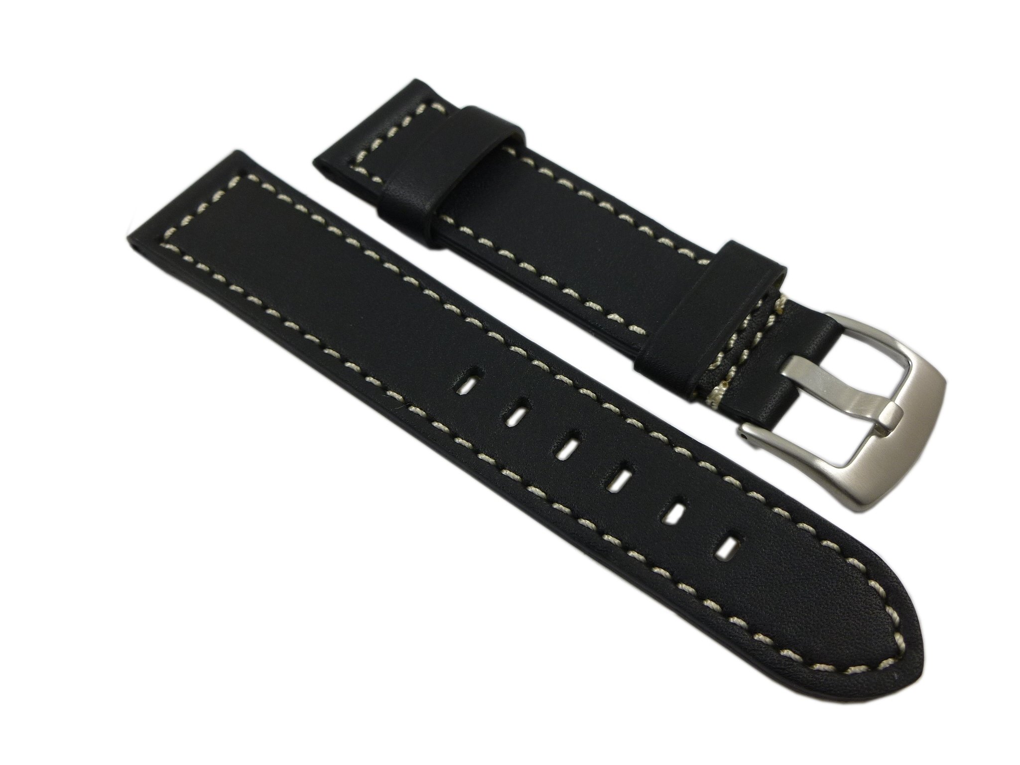 myledershop 22mm Soft calf leather watch strap band in black with buckle in silver