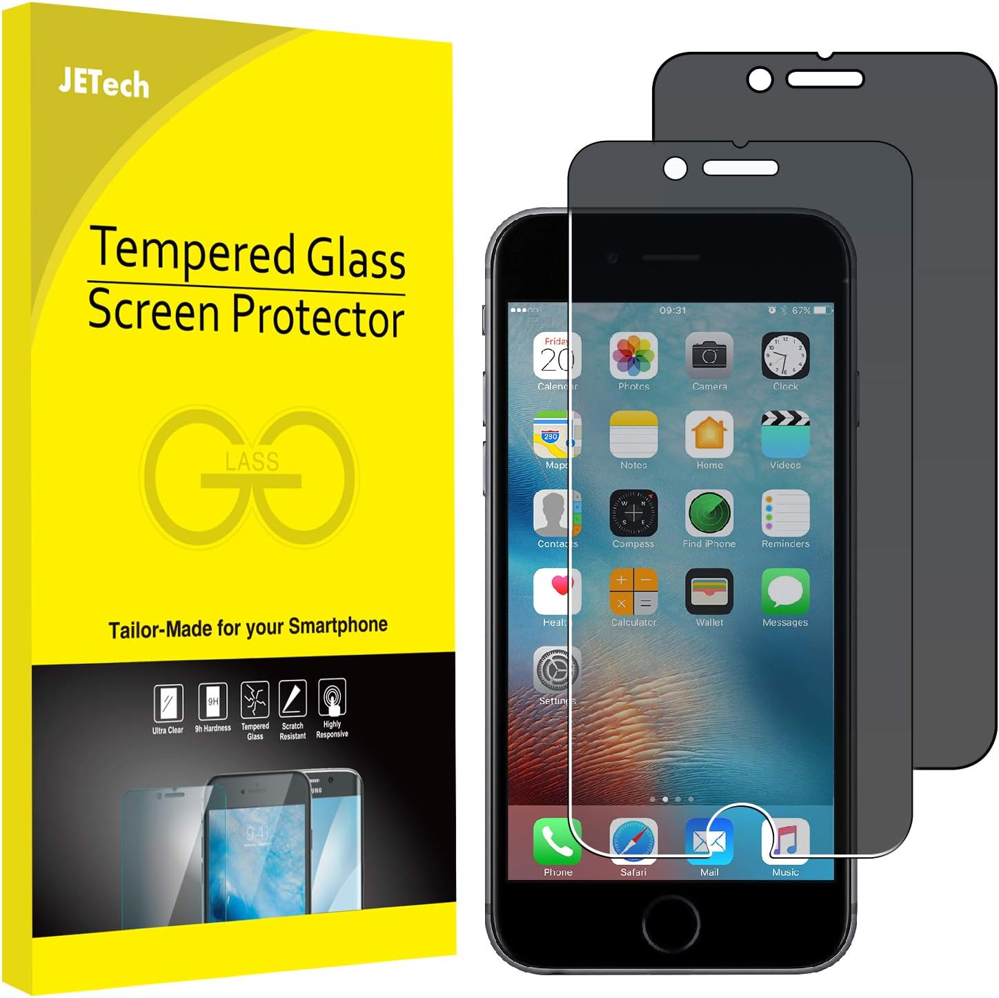 JETech Privacy Screen Protector for iPhone 6s and iPhone 6, Anti-Spy Tempered Glass Film, 2-Pack