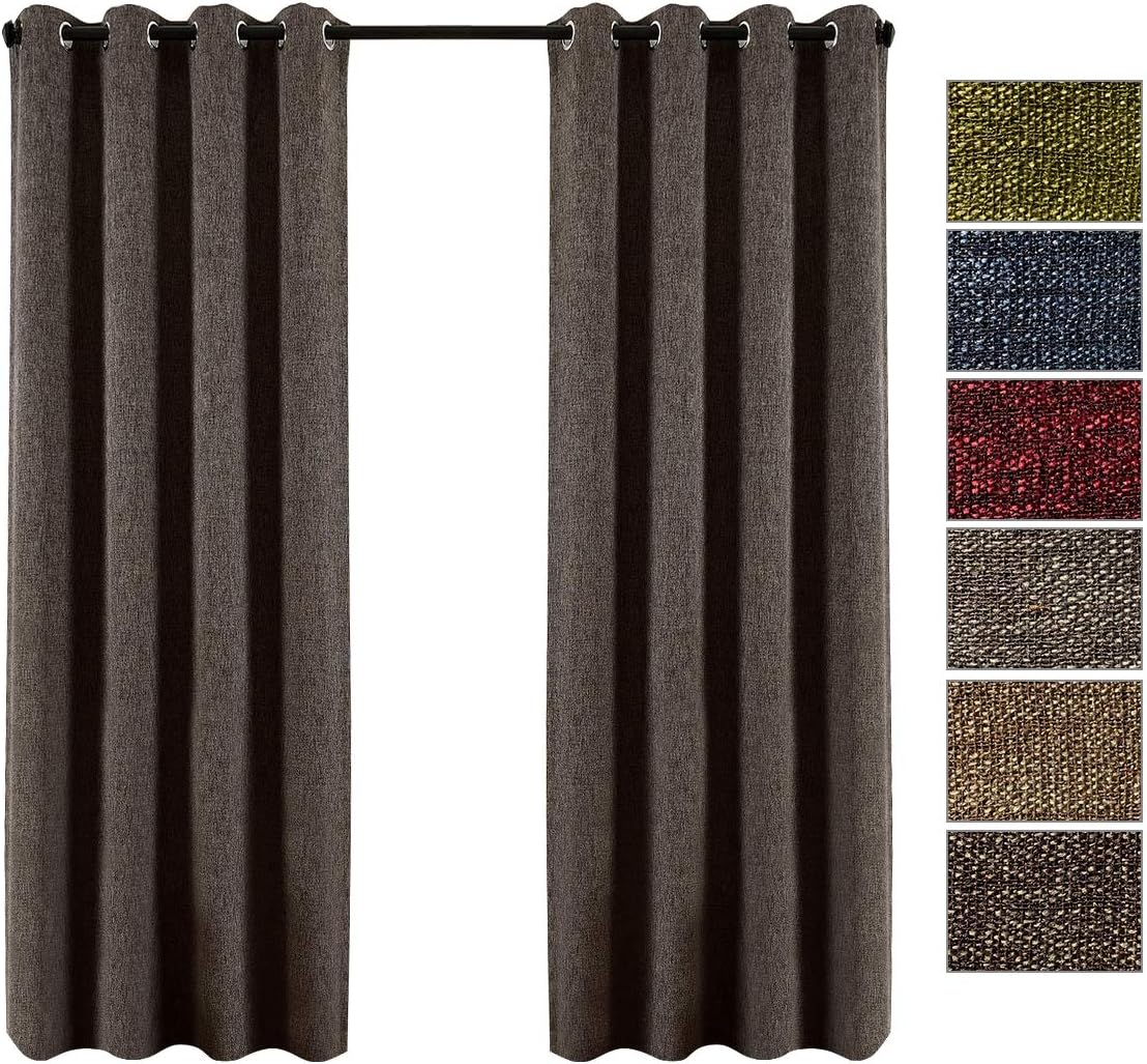 QINUO HOME 46" x 72" Faux Linen Blackout Curtains for Kids Room - Thermal Insulated Room Darkening Eyelets Curtains, Dark Brown, Set of 2 Curtain Panels