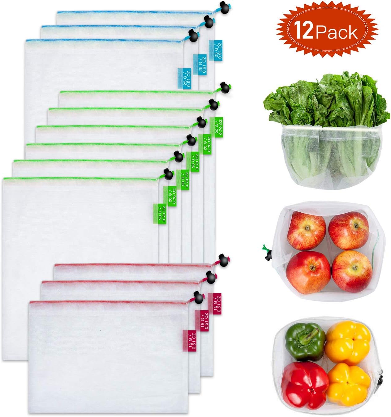 Invool 12pcs Reusable Mesh Produce Bags, Washable Drawstring Toggle Eco Friendly Bags, for Fruit,Vegetables and Grocery Shopping Storage Toys(3L+6M+3s)