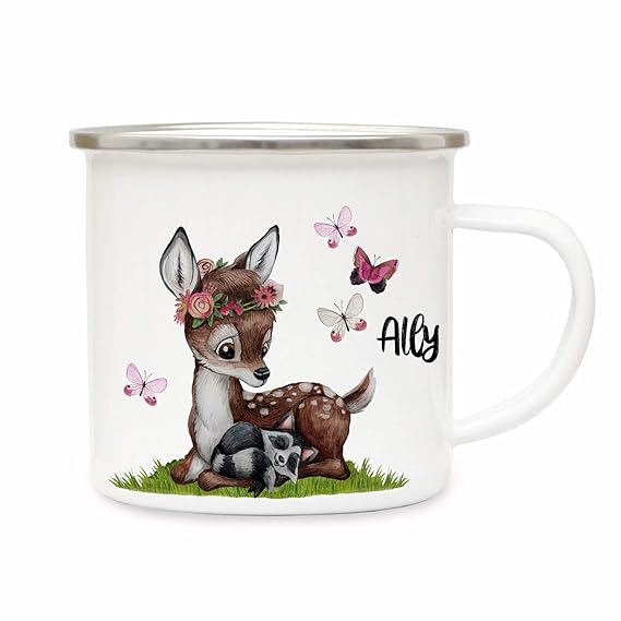 ilka parey wandtattoo-welt Emaillebecher Becher Tasse Camping REH Waschenbär mit Schmetterlinge & Wunschname Name Kaffeetasse
