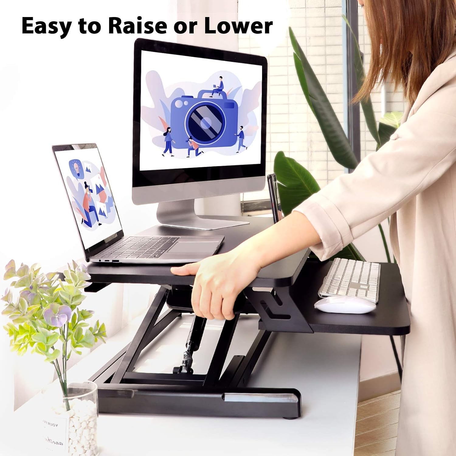 ErGear Standing Up Desk Converter Height Adjustable Sit Stand Desk with Removable Keyboard Tray, 35 Inch Large Desk Riser Ergonomic Gas Spring Dual Monitor Workstation for Home Office : Office Products