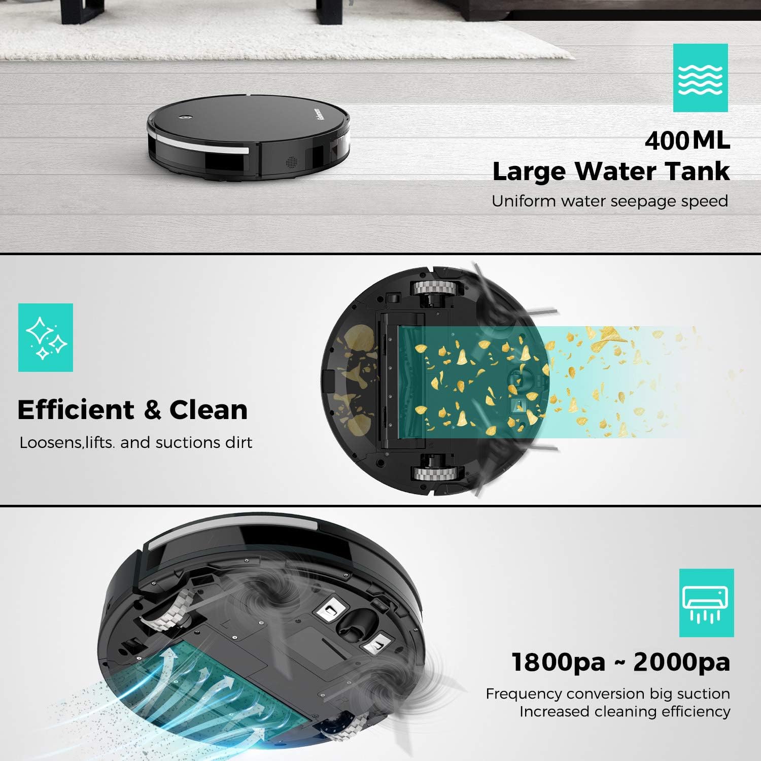 Robotic Vacuum Robot mop Automatic Cleaner,Robomann380 Smart Navigating Robotic Vacuum Cleaner with 2000Pa Strong Suction, Wi-Fi & APP Connectivity for Pet Hair, Carpet & All Types of Floor: Home & Kitchen