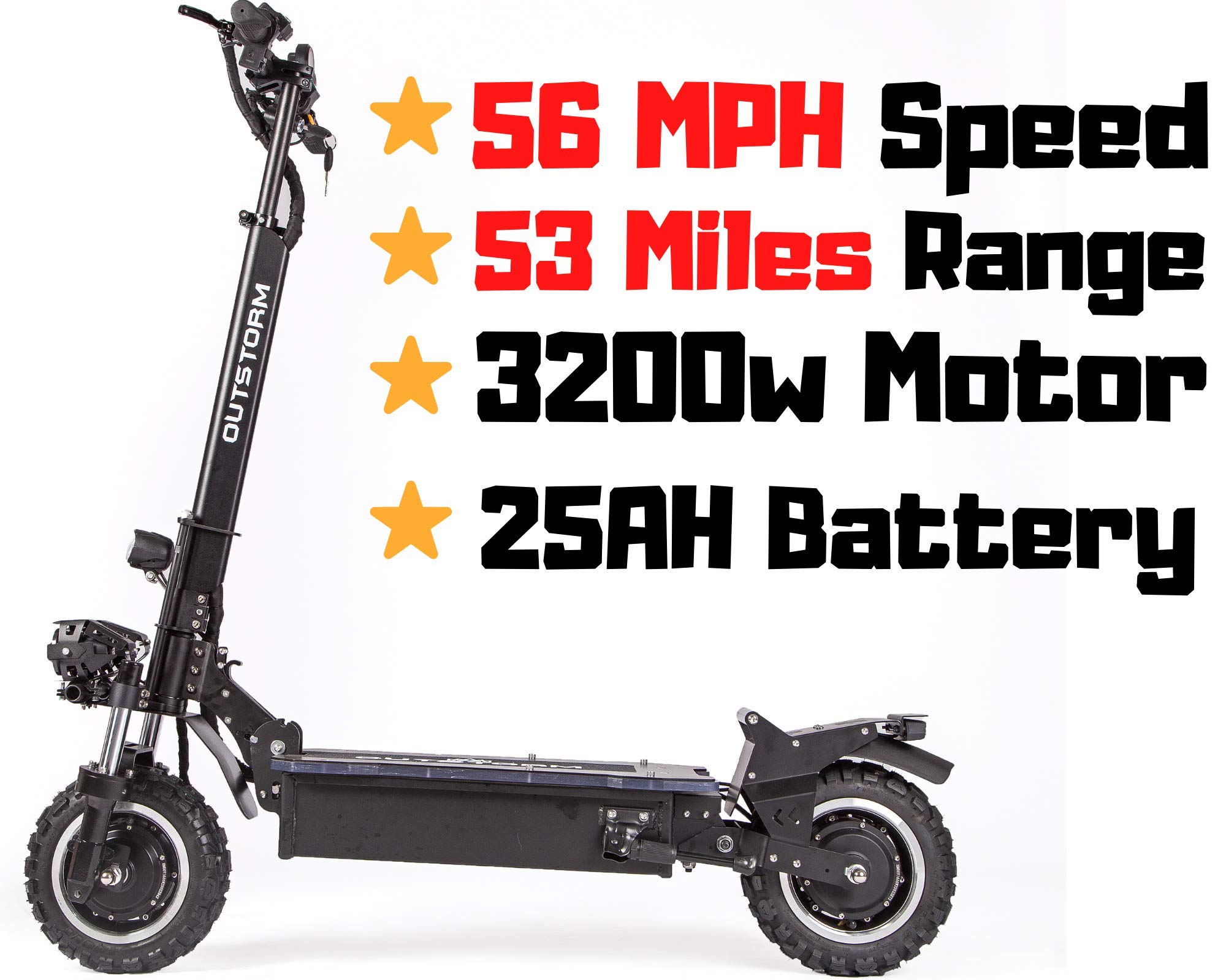 OUTSTORM Folding Electric Scooter for Adults, 56MPH Top Speed, 53 Mile Max Distance - Hydraulic Shocks, Portable and Foldable with Heavy Duty Off-Road Tires with a Seat