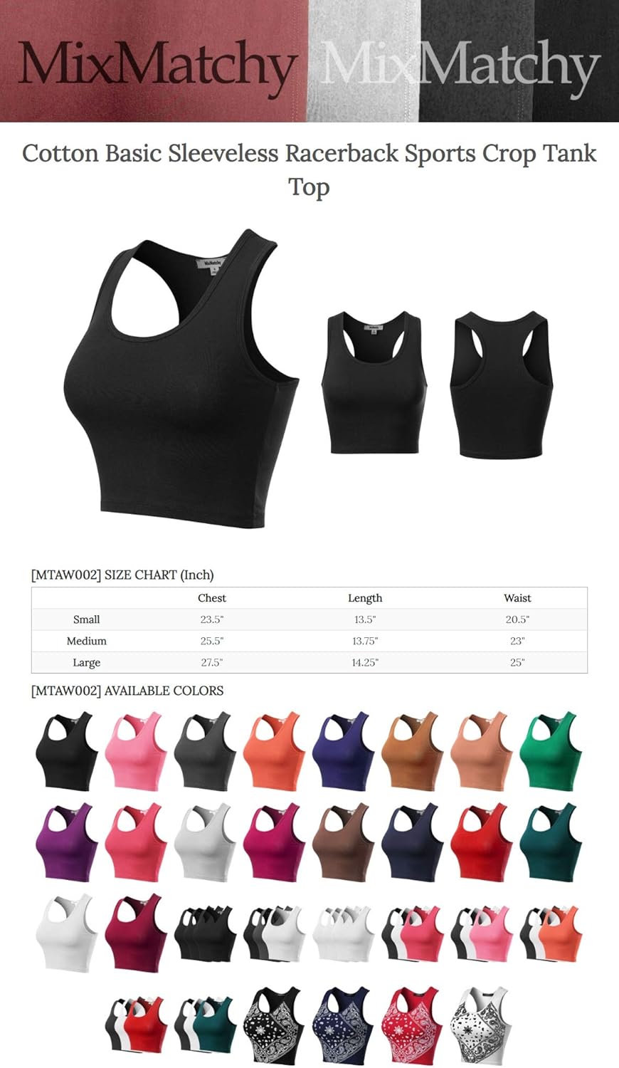 MixMatchy Women's Cotton Basic Sleeveless Racerback Sports Crop Tank Top at  Women’s Clothing store