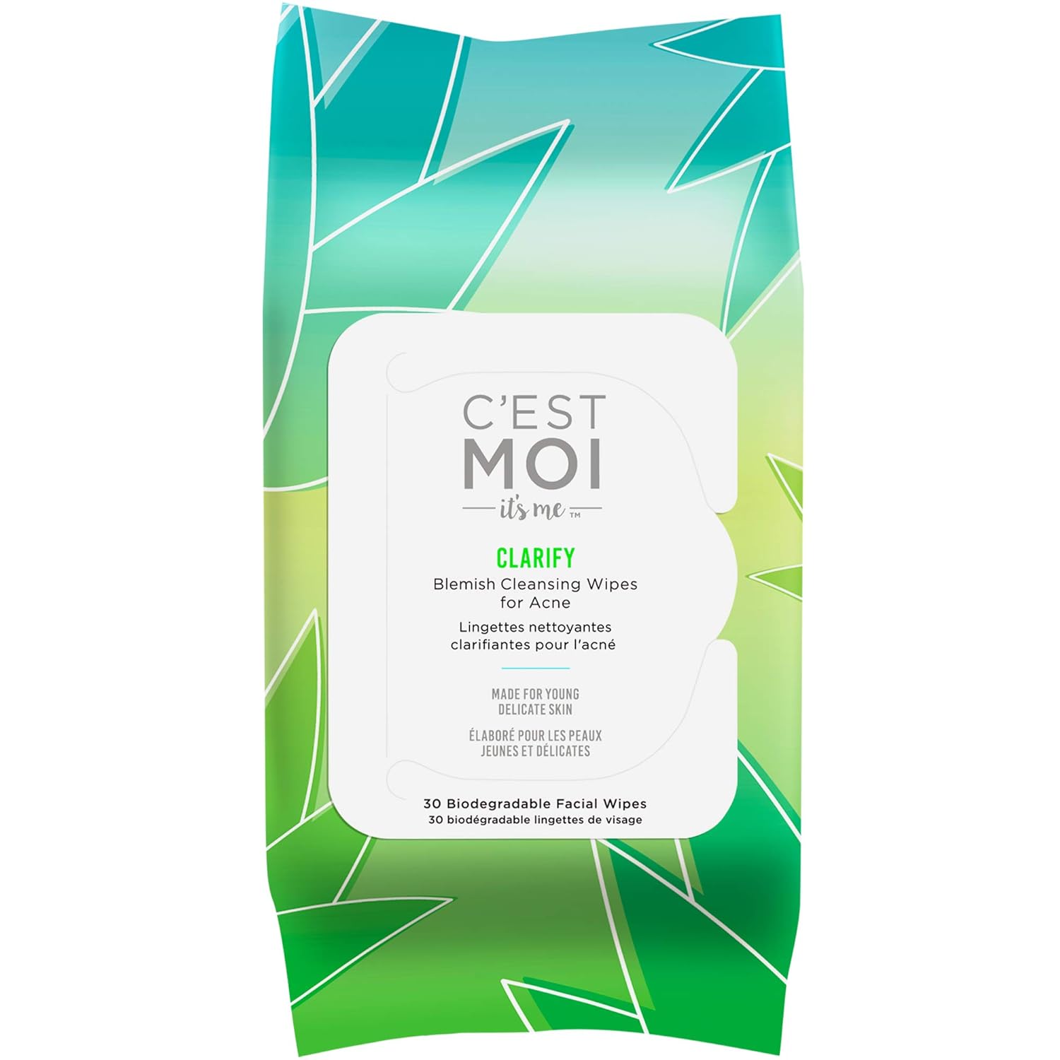 C'est Moi Clarify Facial Wipes | Gentle Face Cleansing Wipes, Controls Breakouts, Clinically Tested Natural & Organic Non-Toxic Ingredients Including 1% Salicylic Acid for Acne, 30 Biodegradable Wipes