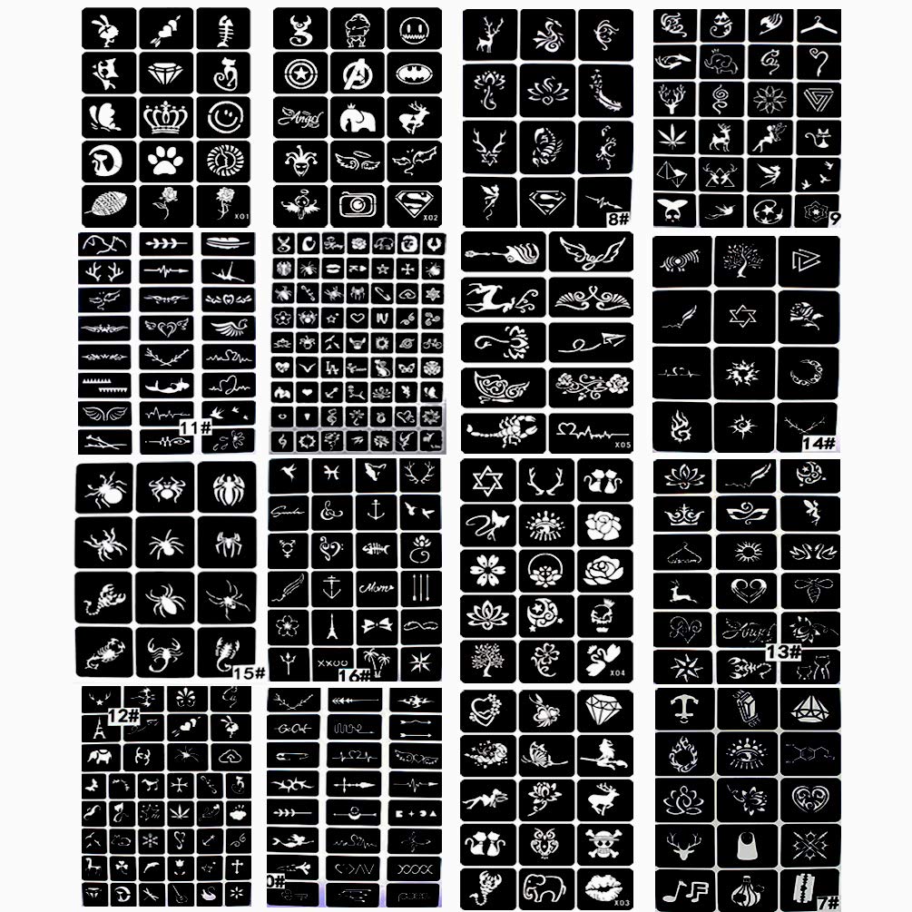 Xmasir 16 Blatt (340 Stück) Airbrush-Tattoo-Schablonen,kleine Glitzer-Tattoo-Vorlage für Body Art Painting,verschiedene Muster Design Airbrush-Schablone