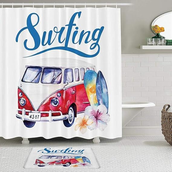 KISSENSU Badezimmer-Vorhang-Set,Surfboard Beach Holiday Tropisches