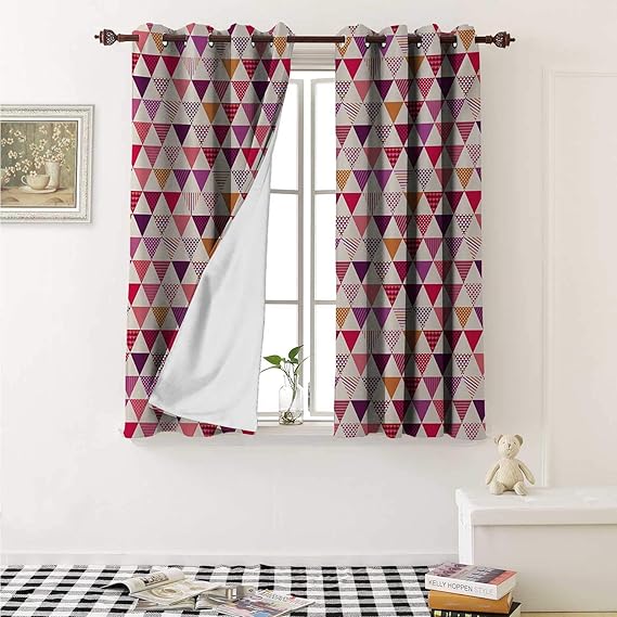 Pink Decorative Curtains for Living Room Geometric Triangle Patterns with Polka Dots Lines Zig