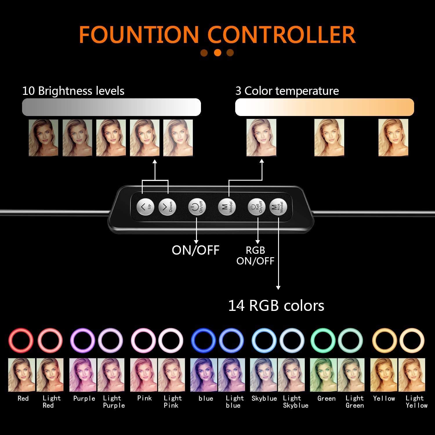 Selfie Ring Light - 14 Colors RGB Ring Light with 2 Adjustable Tripod Stand/Phone Holder/Camera Remote Shutter Best 10 Brightness Levels Dimmable LED Ring Light for Makeup,YouTube, Photography