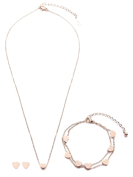 Happiness Boutique Damen Feines Schmuckset Roségold | Herz Ohrringe Filigrane Kette mit Herzanhänger und Mehrreihiges Armband