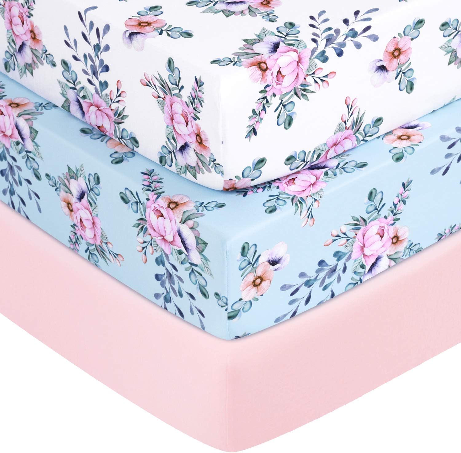 TILLYOU Jersey Knit Moisture Wicking Crib Sheets, 170 GSM Thick Soft Breathable Baby Bed Sheets For Girls, 28” x 52” x 8'' Stretchy Toddler Mattress Sheets, 3 Pack Floral