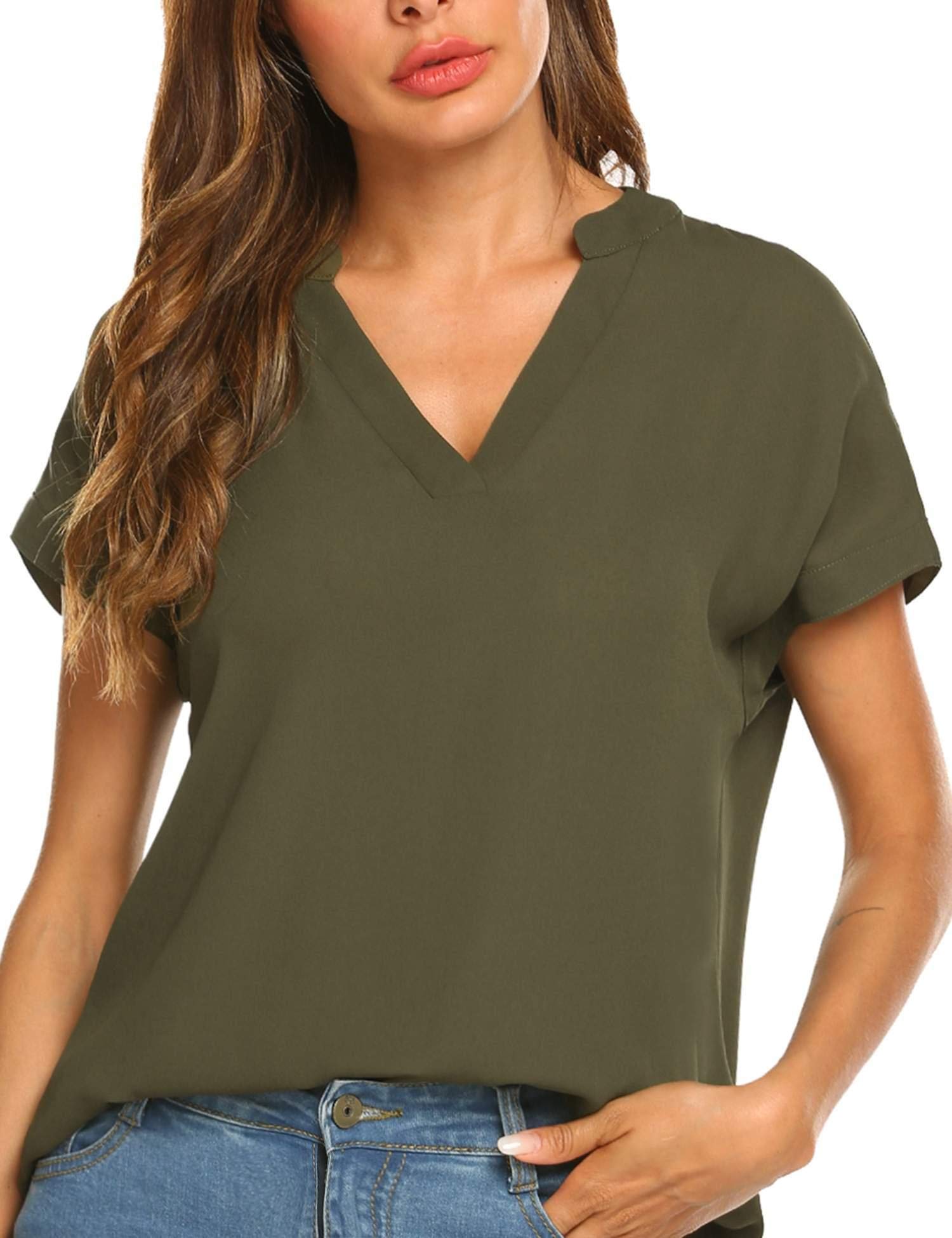 SUNAELIA Women Chiffon Blouse V Neck Short Sleeve Casual Top Shirts for Summer Army Green