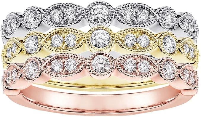 0.90 CT TW Round Diamond Wedding Tri-Color 14k Gold Stackable Bands/Rings