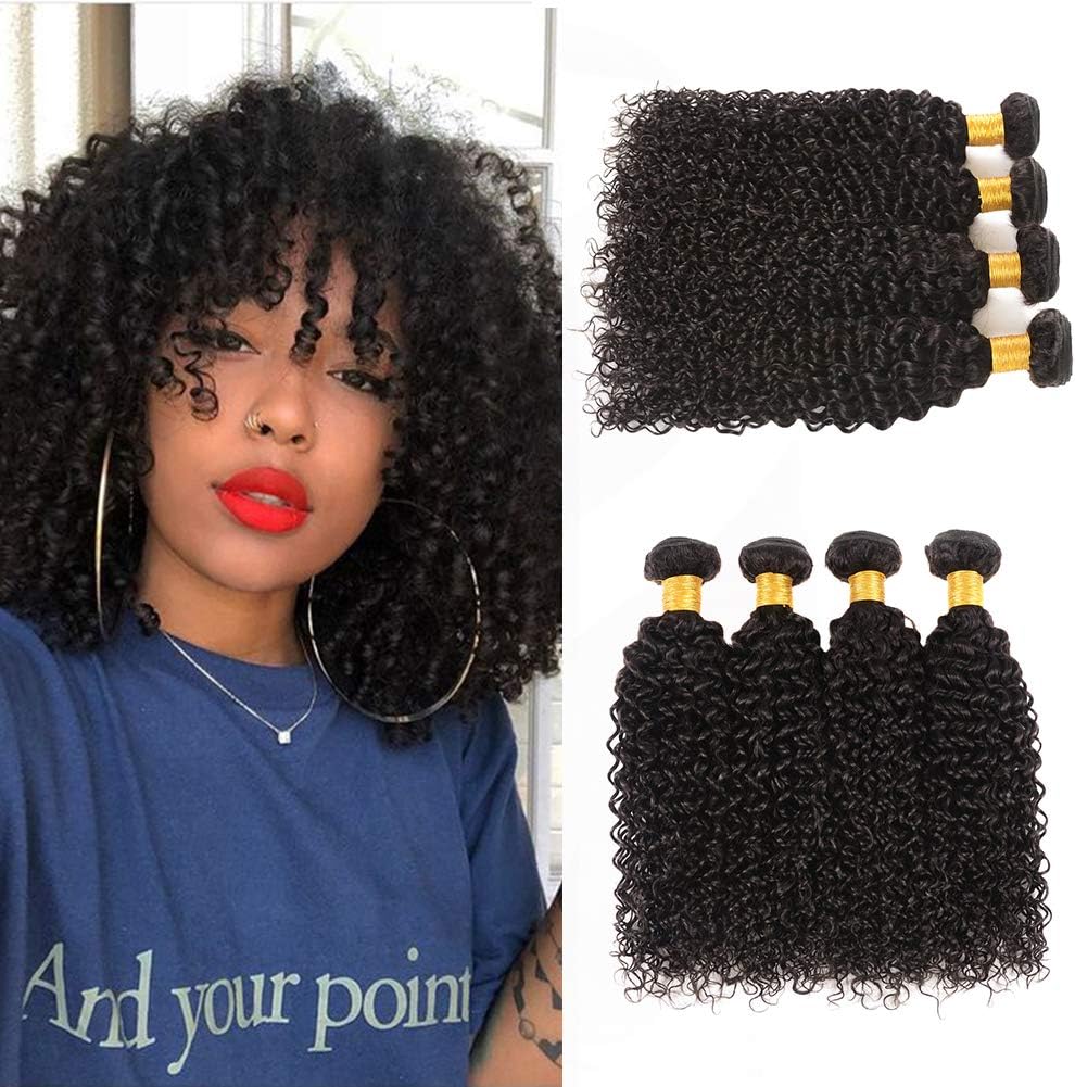 Huarisi 4 Bundles Brazilian Kinky Curly Human Hair Extensions Short Real Hair Weave Virgin Jerry Curly Hair Weft Pack Of 10 12 14 16 with Natural Color