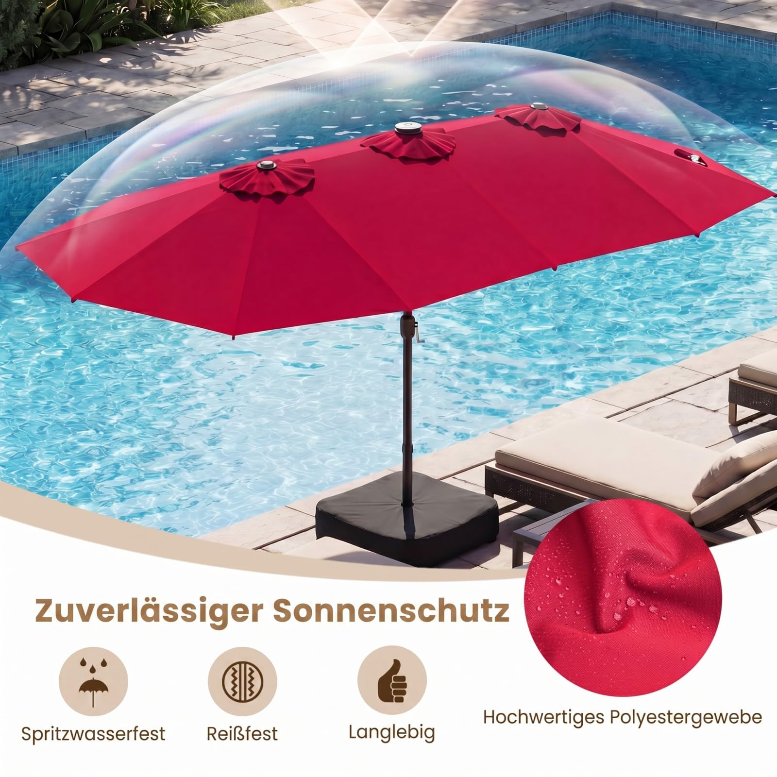 COSTWAY Doppelsonnenschirm mit Ständer und LED-Solar-Beleuchtung, 450 x 260 cm, Sonnenschirm Groß XXL, UPF 50+, Gartenschirm mit Kurbel, Terrassenschirm, Marktschirm für Garten, Terrasse (Rot) 5