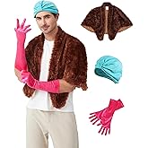 Takuvan 3Pcs Christmas Costume Outfit Green Turban Hat Faux Fur Wrap & Pink Gloves for Adults Cosplay Party