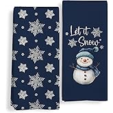 Qeheb Let It Snow Christmas Snowflake Snowman Kitchen Towels Set of 2, Navy Blue Christmas Dish Tea Towels, Retro Winter Xmas Snowman Decorative Hand Towels for Bathroom Decor, 16X24In