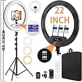 22"Ring Light with Stand,Ring Light Tripod for iPhone ipad,with 75"Tripod/LCD Display/4 ipad iPhone Clips/2 USB Ports,2600K-6500K Color Temperature,for Barber Makeup Tattoo TikTok Video Recording Vlog