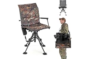 ARROWHEAD OUTDOOR Wide Folding 360° Hunting Swivel Blind Chair with Removable Camouflage Seat Pad, Armrest, No-Sink Feet, Shoulder Strap, Mesh Chair, Adjustable Height