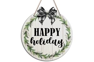 BANLAI Christmas Wall Decor Sign, Happy Holiday, Rustic Christmas Home Sign for Front Door Porch Christmas Decorations Farmhouse Home Kitchen Holiday Party Wood Hanging Wall Decor Sign Plaque