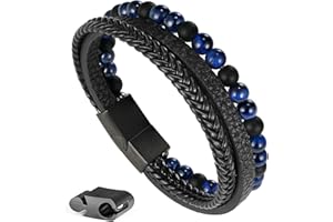 AILETOP Valentines Day Gifts for Him - Layered Leather Beads Bracelets for Men, Braided Leather Tiger Eye Lava Rock Stone Bracelets for Men with Stainless Steel Magnetic Clasp Anxiety Stress Relief Gifts