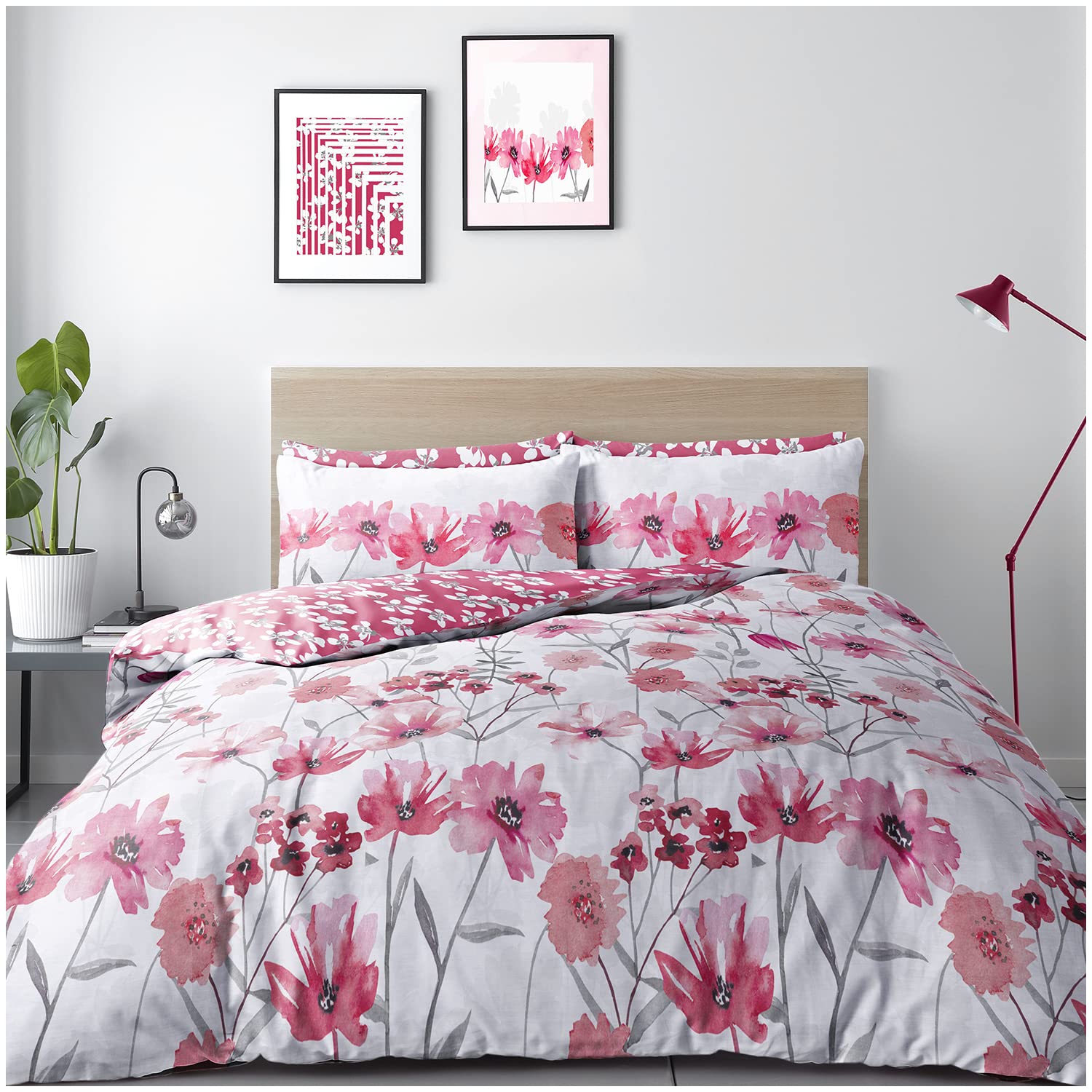 Super Dreamer 4 Piece Complete Duvet Cover Set, Polycotton Fabric Flower Bedding Sets King Size, Comforter Quilt Cover, Red, 714835