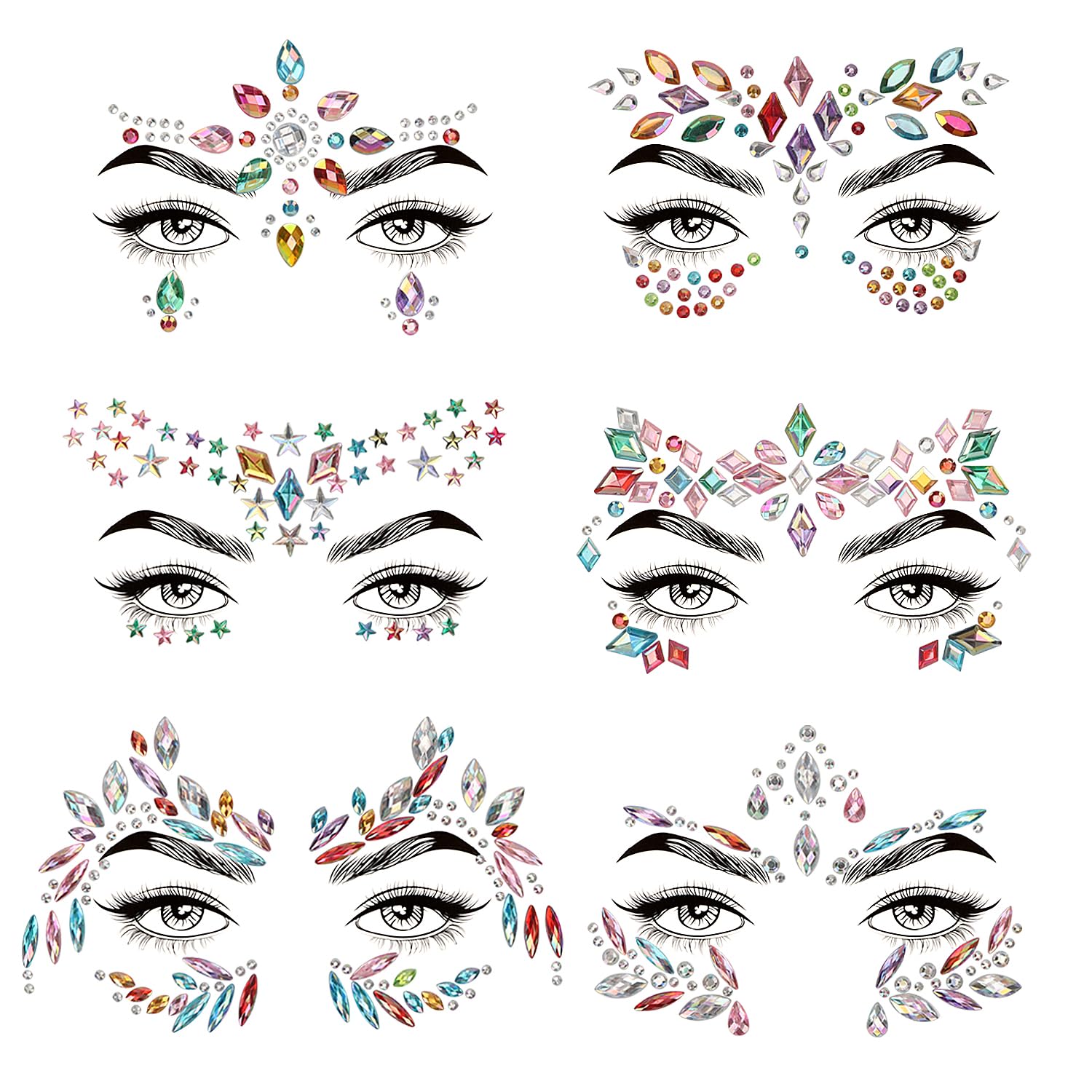 OWill 6 PCS Festival Face Gems Glitter, Festival Accessories Sticker Face Gems for Festivals Face Jewels for Halloween Christmas Party Women and Girls Face Eyes Body Make Up(colorful)
